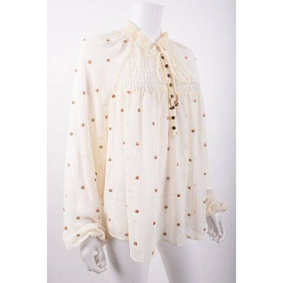 Free People Womans Peasant Blouse Shirt Top Sz M Ecru Beige Gold Dots Oversized - Picture 2 of 6